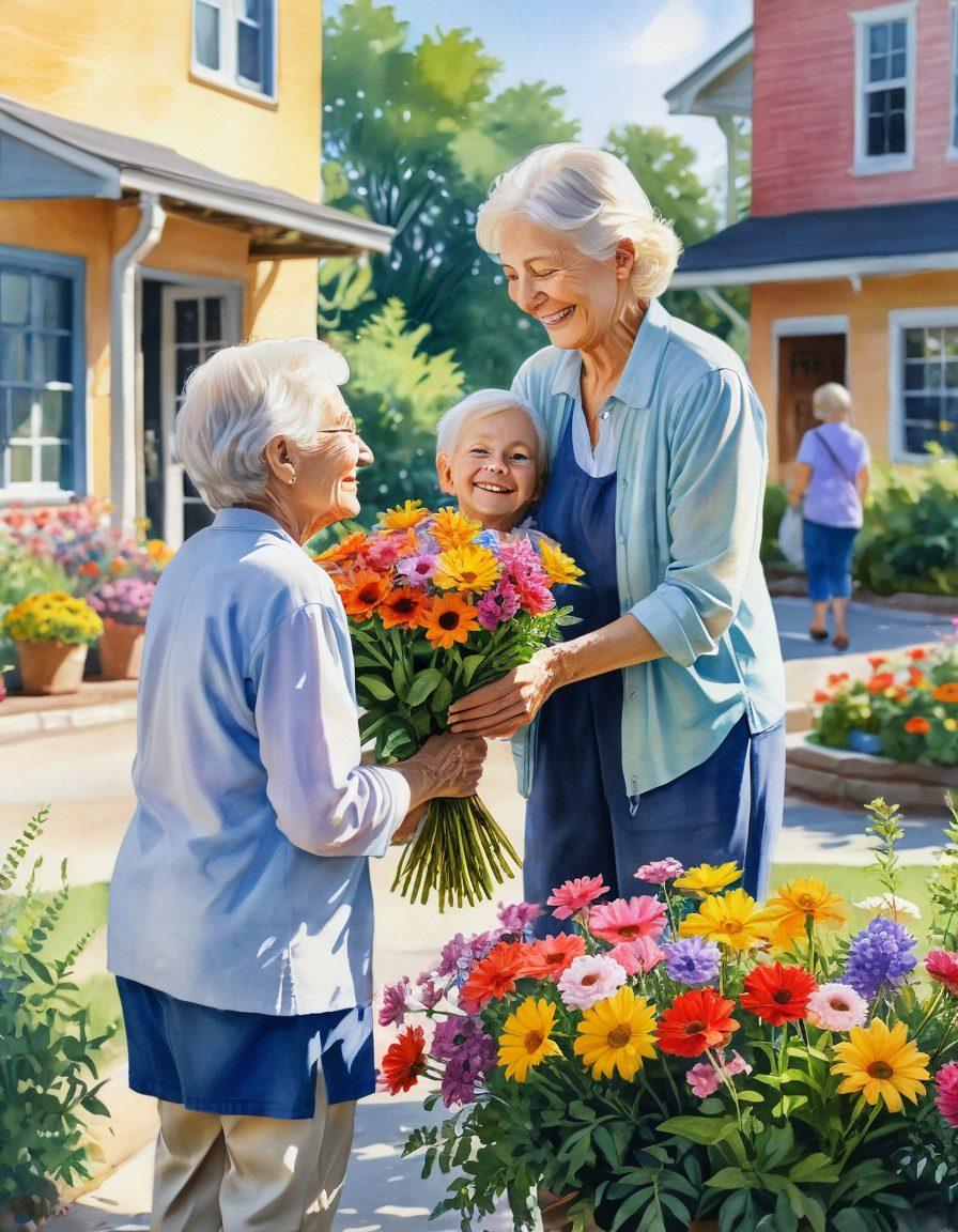 A radiant scene depicting diverse people sharing small acts of kindness: a child helping an elderly person, friends hugging, and someone giving flowers to a stranger. Surround them with vibrant flowers and a soft, warm glow illuminating their smiles to symbolize joy. Capture the emotion of warmth and connection, with a serene, uplifting background. watercolor style. vibrant colors. soft focus.