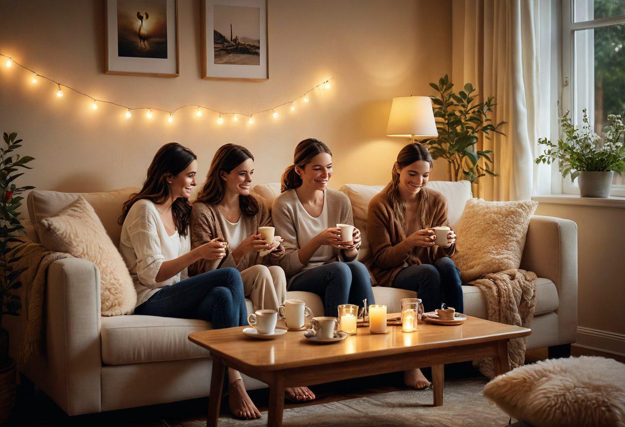 A cozy scene featuring a warm, inviting living room with soft, glowing lights, plush cushions, and a steaming cup of tea. In the foreground, hands exchanging heartfelt gifts and playing games, symbolizing acts of affection. A gentle, smiling family gathers around, radiating joy and love. The background shines with soft, warm colors that evoke a sense of comfort. super-realistic. warm colors. cozy atmosphere.