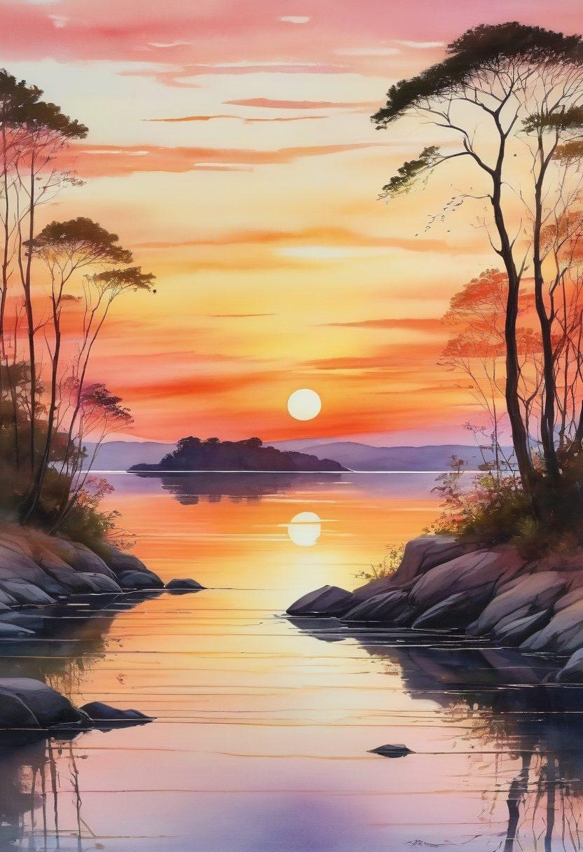 An expansive, serene body of water reflecting a sunset, with ripples emanating from a single stone gently dropped in. Surrounding this tranquil setting are silhouettes of diverse people forming connections, each connected by glowing lines symbolizing compassion. Lush greenery and soft light enhance the peaceful atmosphere, creating a sense of warmth and connectivity. watercolor painting. warm colors. dreamy atmosphere.